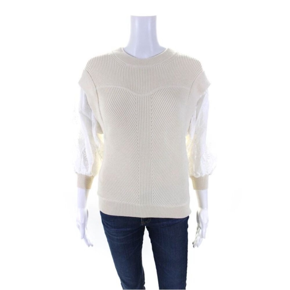 ba&sh Cream Floral Embroidered Half sleeve Sweater